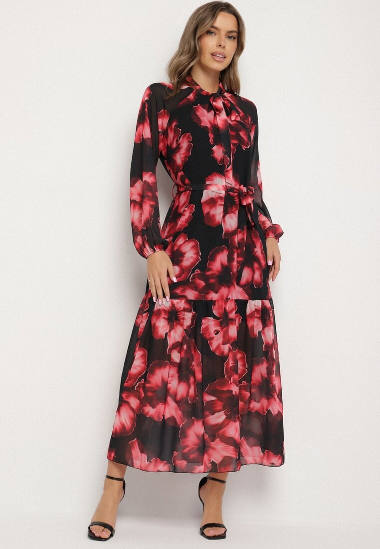 Czarna Pudełkowa Sukienka w Kwiaty z Paskiem Nifle