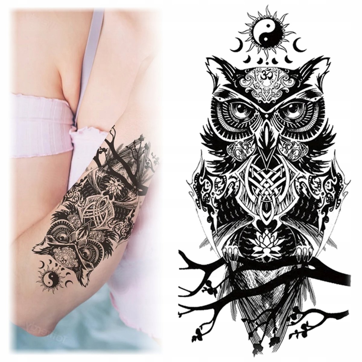 Tatuaż Zmywalny Tymczasowy Wodny Sowa Sówka Znak Yin Yang