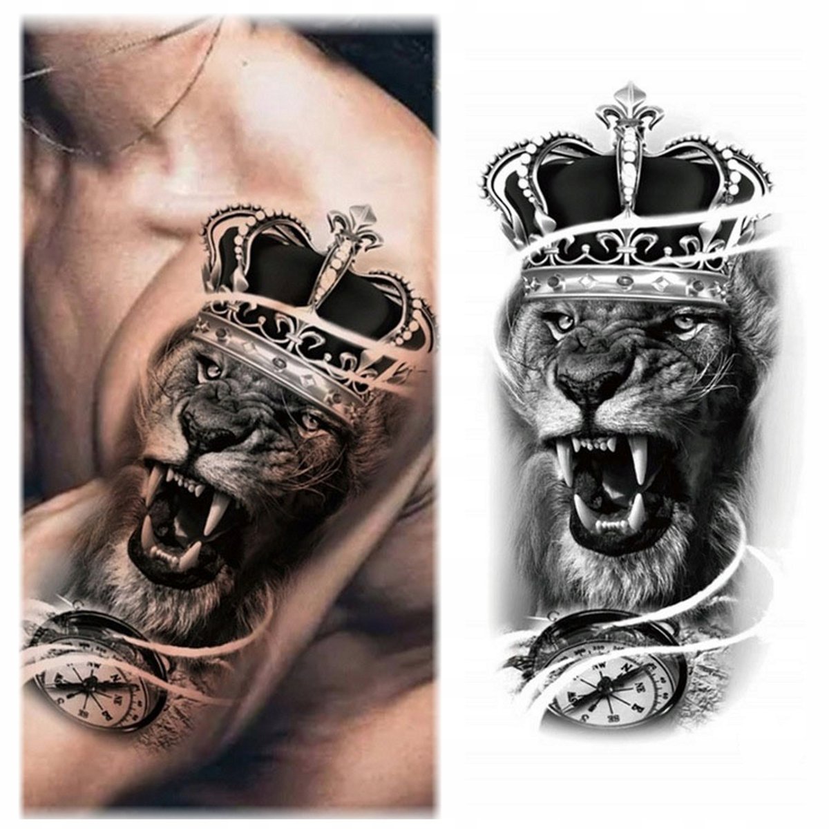 Tatuaż Zmywalny Tymczasowy Wodny - Wściekły Lew / Król / Zegar