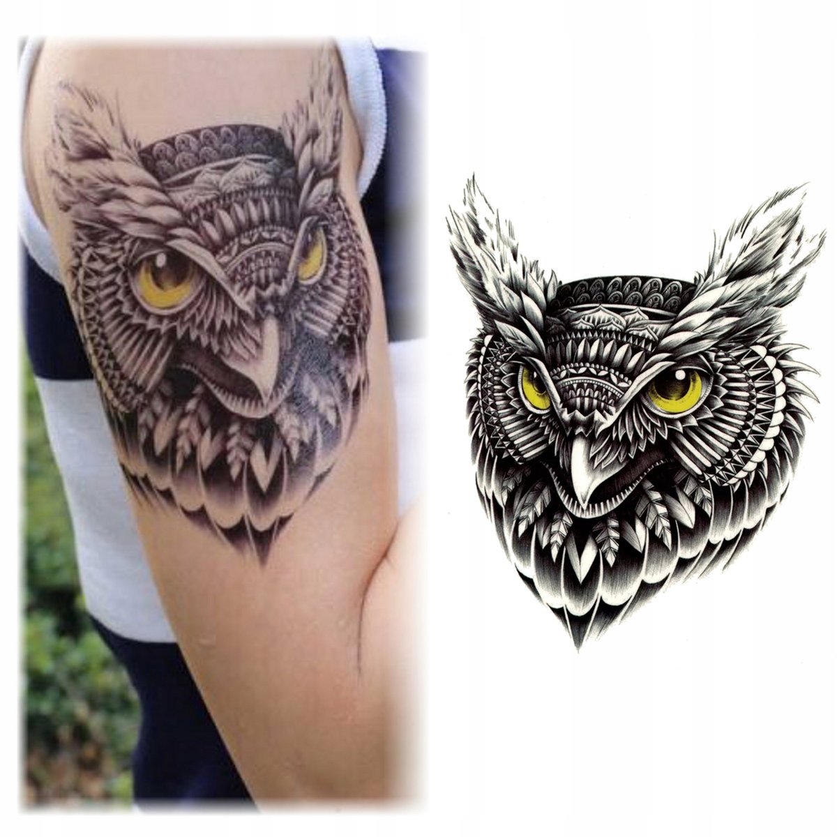 Tatuaż Zmywalny Tymczasowy Wodny Sowa Sówka Żółte Oczy