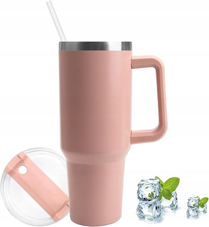 Kubek Termiczny Stalowy, 1200 Ml, Różowy, Ze Słomką
