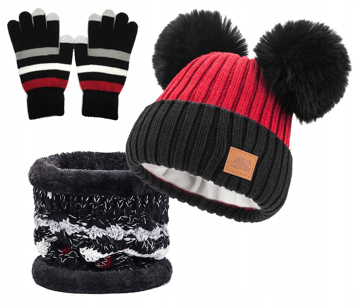 Zimowy Zestaw Dla Dziecka Czapka Komin Rękawiczki dwa pompony Ciepły Polar