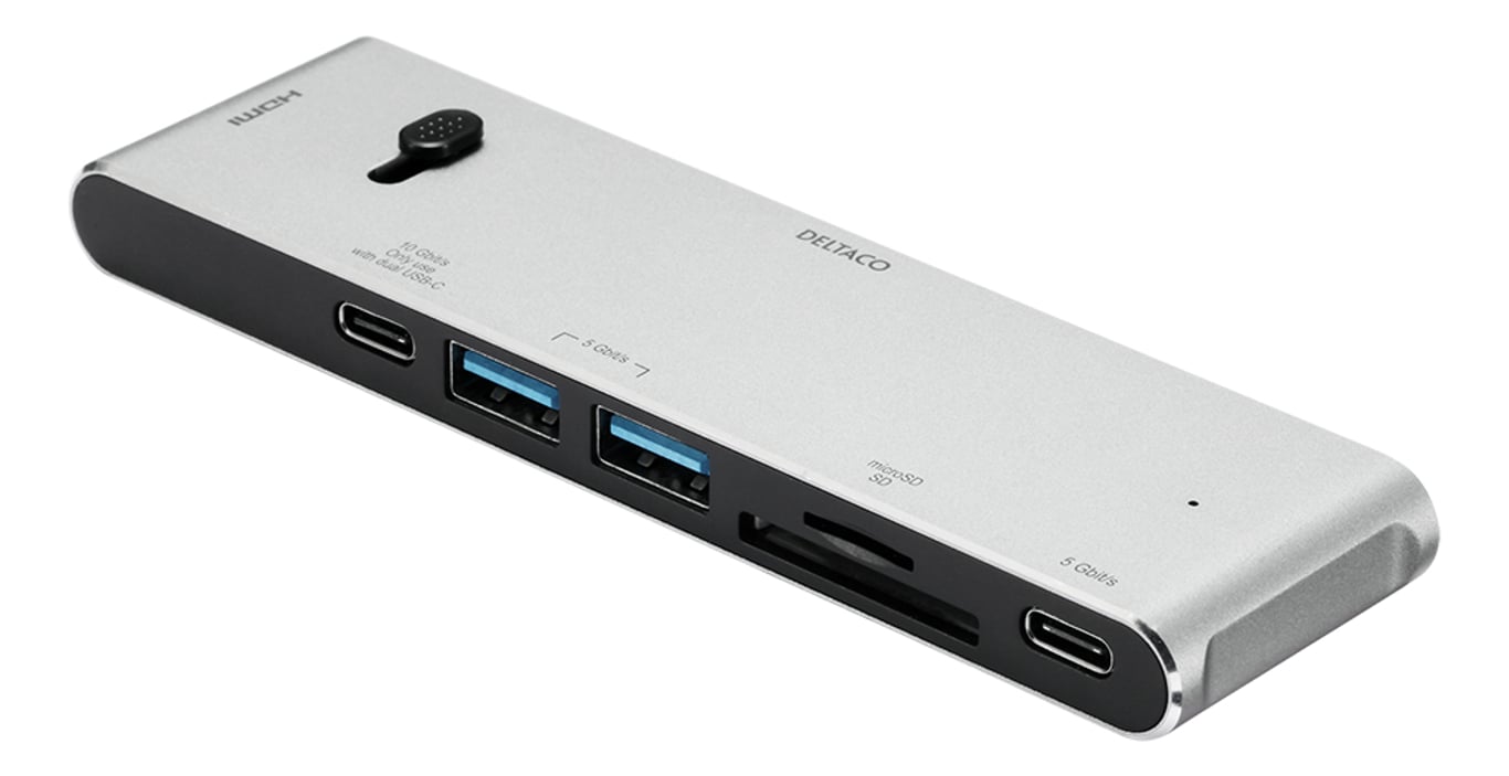 Deltaco USBC-HDMI21 stacja dokująca Bezprzewodowy Czarny, Srebrny USBC-HDMI21