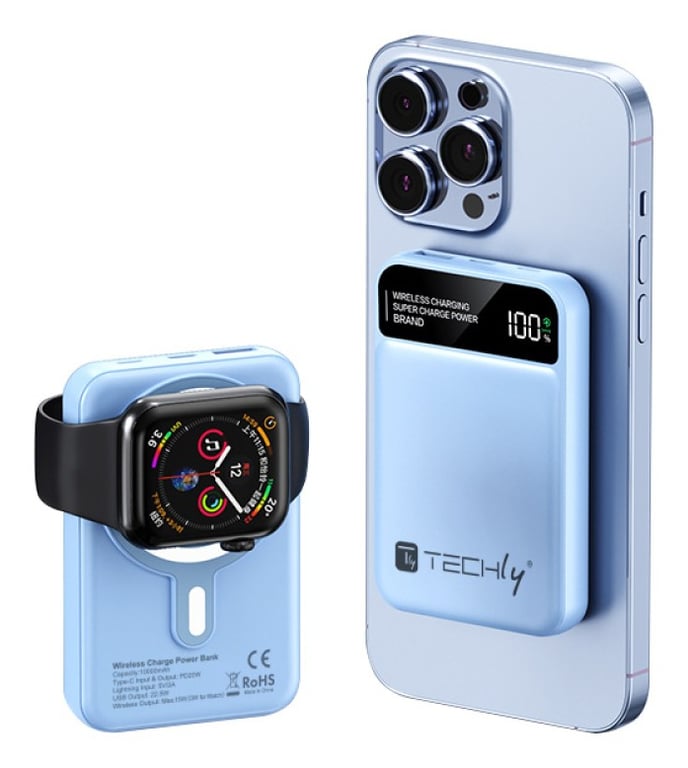 Techly I-CHARGE-10LCDBL bank mocy Litowo-polimerowy (LiPo) 10000 mAh Bezprzewodowe ładowanie Niebieski