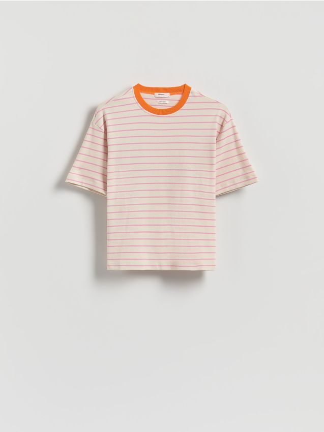 Reserved - T-shirt w paski - różowy