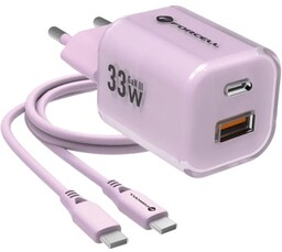 Forcell Ładowarka sieciowa Wall Charger 33W, GaN3, USB-C PD, USB-A QC 4.0 + kabel USB-C, różowa