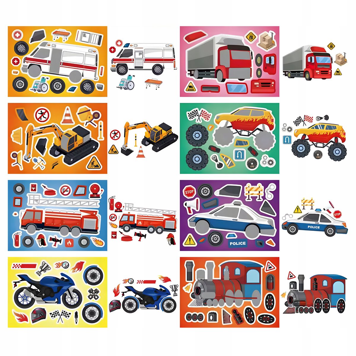 NAKLEJKI POLICJA STRAŻ MOTOR KARETKA KOPARKA KREATYWNE DIY 8 SZTUK