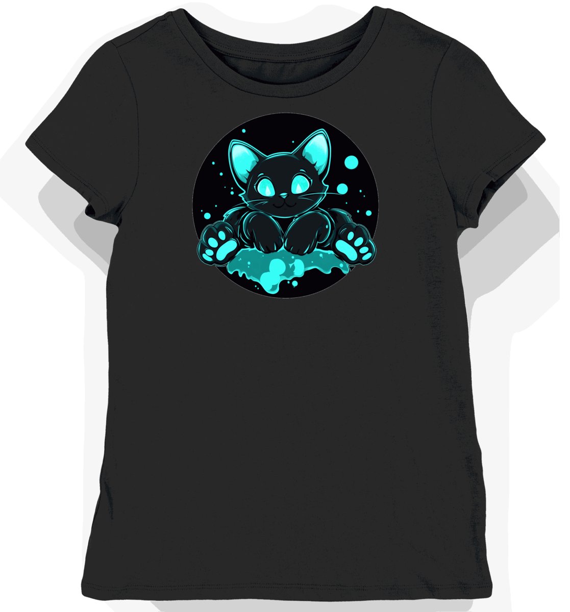 Koszulka damska czarna z nadrukiem turkusowego kota XL