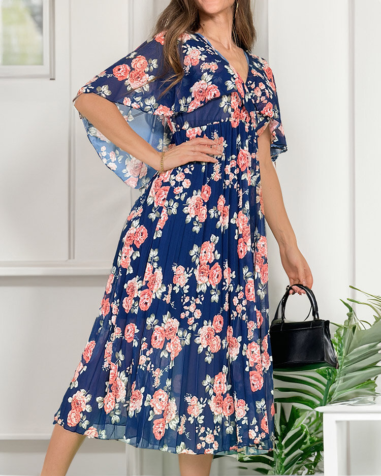 Royalfashion Damska plisowana sukienka midi w kwiaty-Uniwersalny