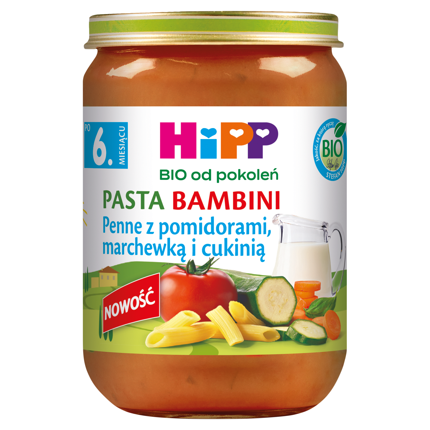 HiPP Pasta Bambini Bio, penne z pomidorami, marchewką i cukinią, po 6 miesiącu, 190 g