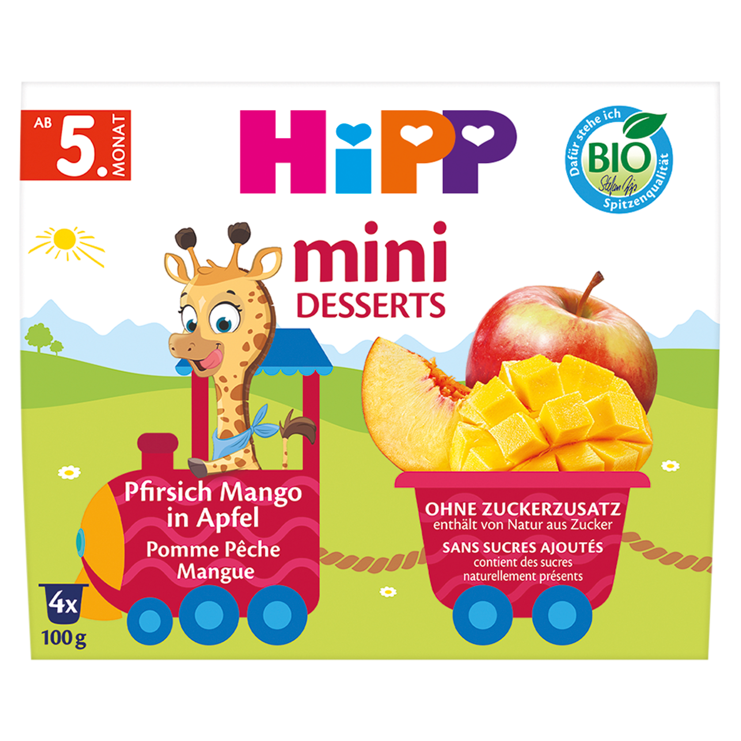 HiPP Mini Deser Bio, jabłko, brzoskwinia, mango, po 5 miesiącu, 4 x 100 g