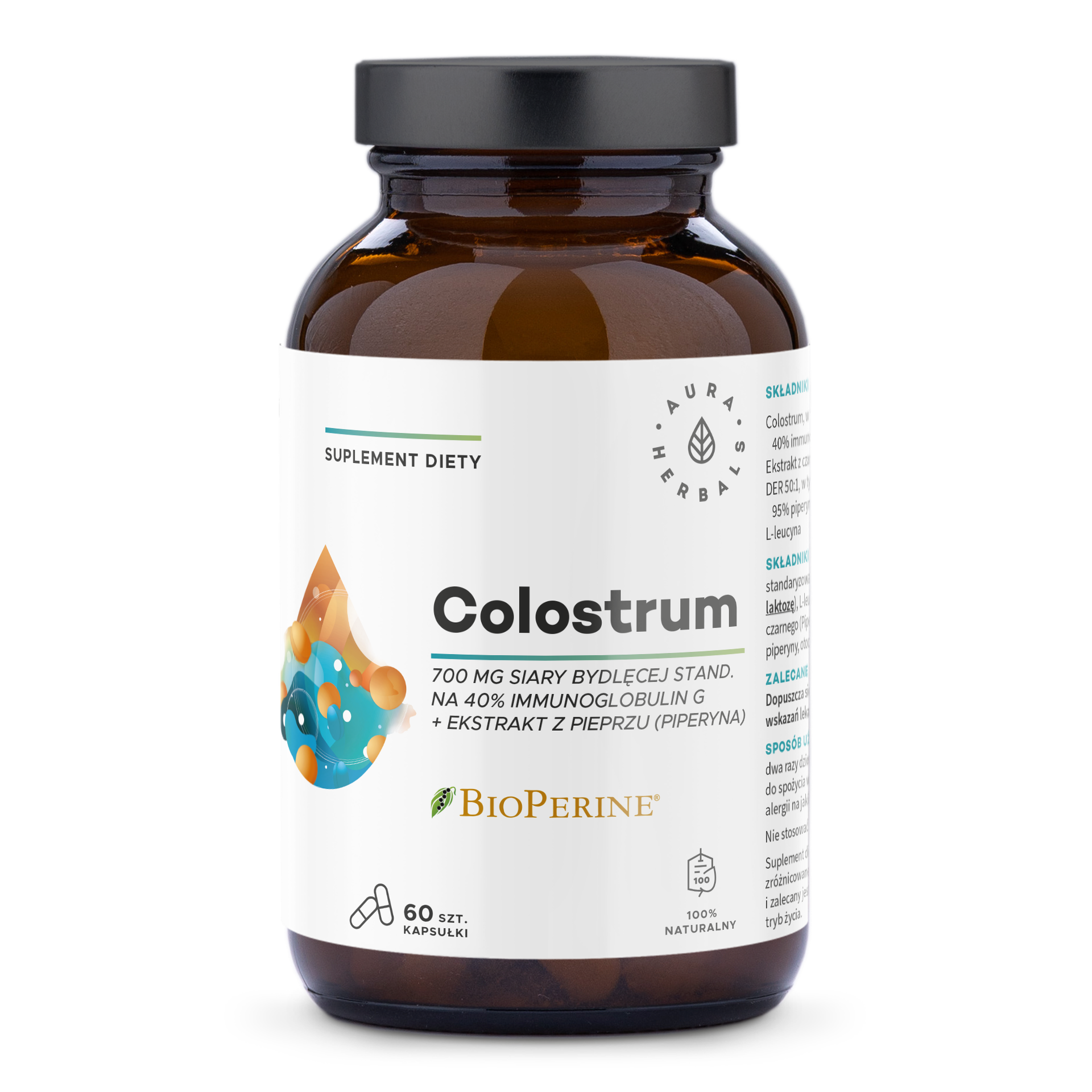 Aura Herbals Colostrum 700 mg + BioPerine, 60 kapsułek