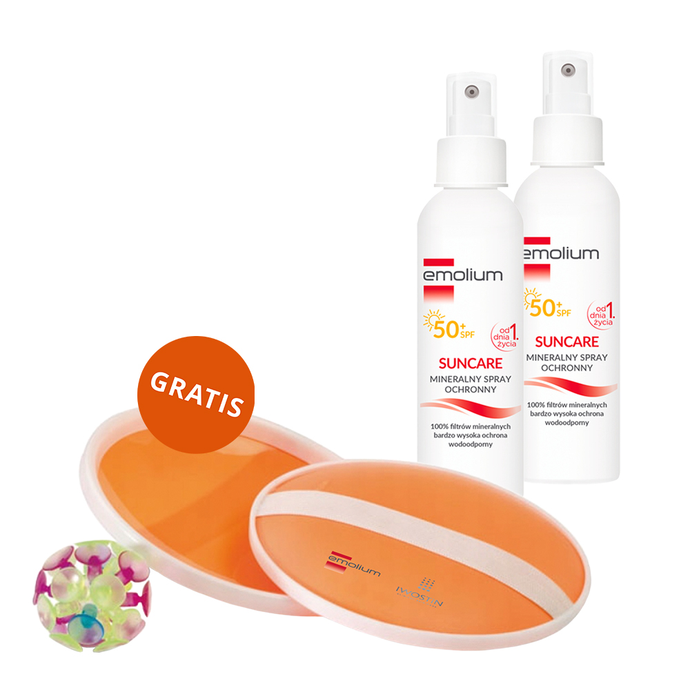 Zestaw Emolium Suncare, mineralny spray ochronny dla dzieci od 1 dnia życia i dorosłych, SPF 50+, 2 x 100 ml + gra plażowa 