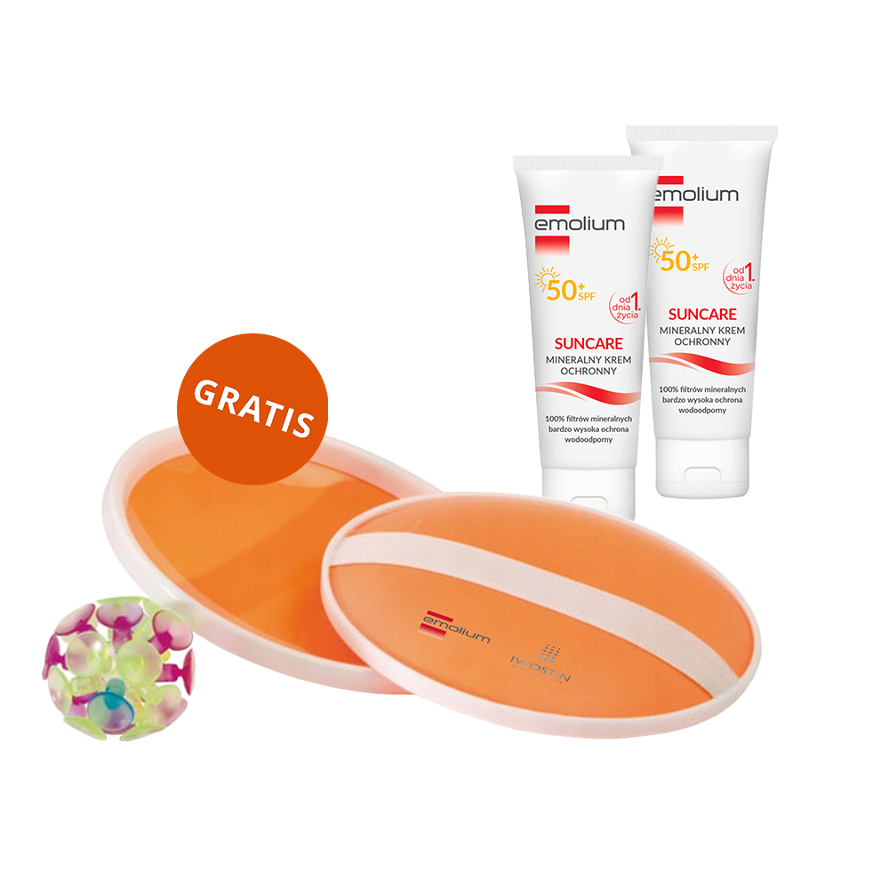 Zestaw Emolium Suncare, mineralny krem ochronny dla dzieci od 1 dnia życia i dorosłych, SPF 50+, 2 x 50 ml + gra plażowa 
