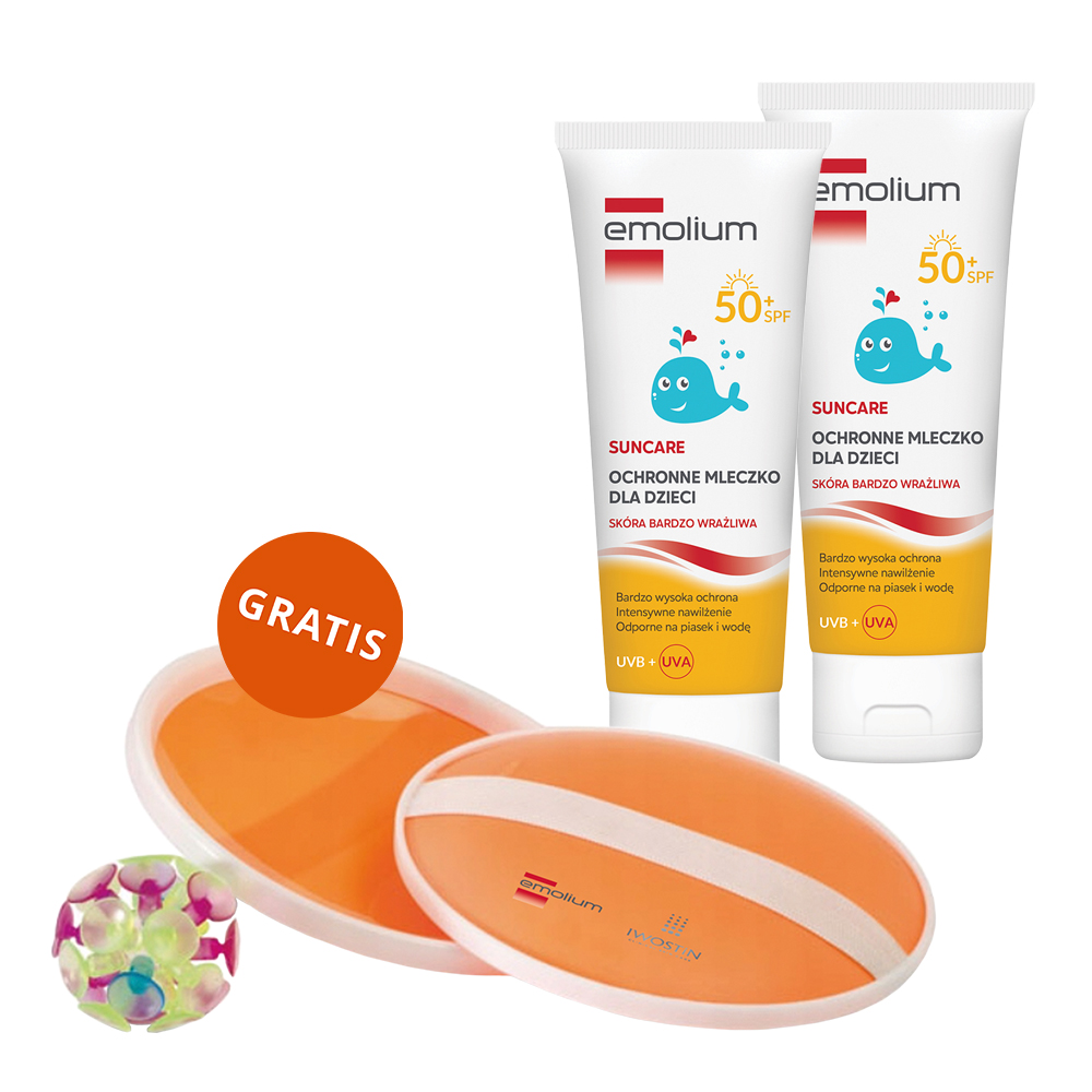 Zestaw Emolium Suncare, ochronne mleczko dla dzieci od 1 roku życia, SPF 50+, 2 x 125 ml + gra plażowa 