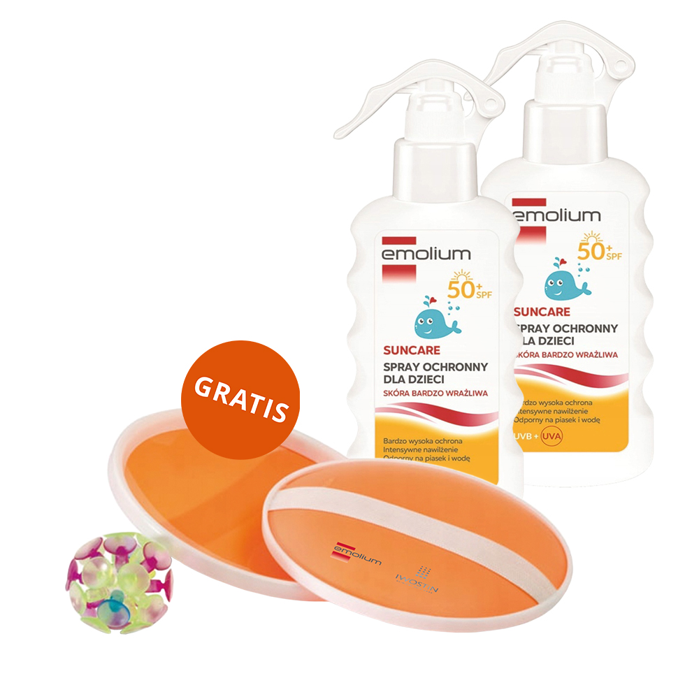 Zestaw Emolium Suncare, spray ochronny dla dzieci od 1 roku życia, SPF 50+, 2 x 175 ml + gra plażowa 
