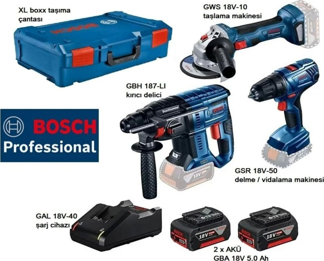 Zestaw narzędzi Bosch COMBO 18V (GSB 18V-50 + GWS 18V-10 GBH 187-LI) 2x5,0Ah +XL-BOXX
