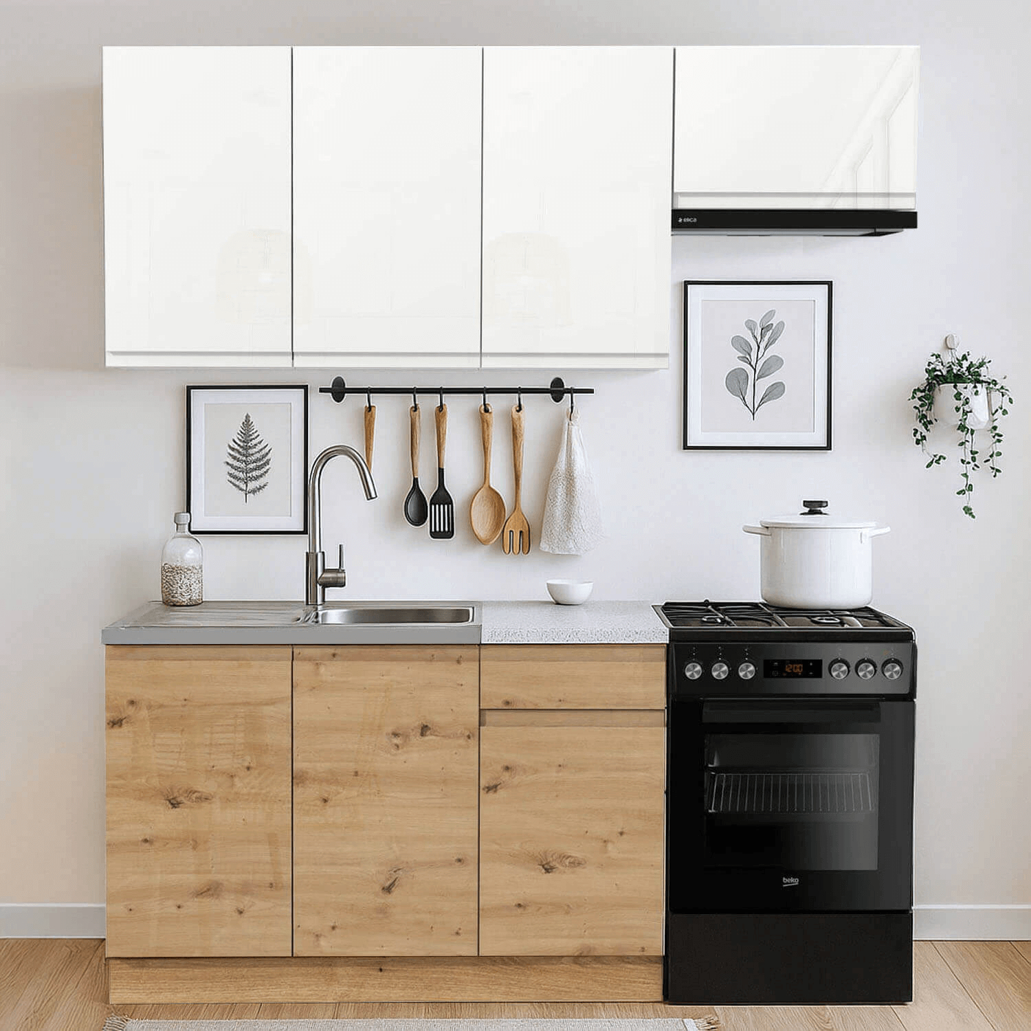 Zestaw Mebli Kuchennych MODERN 170 cm Biały Połysk/Dąb Nowoczesny