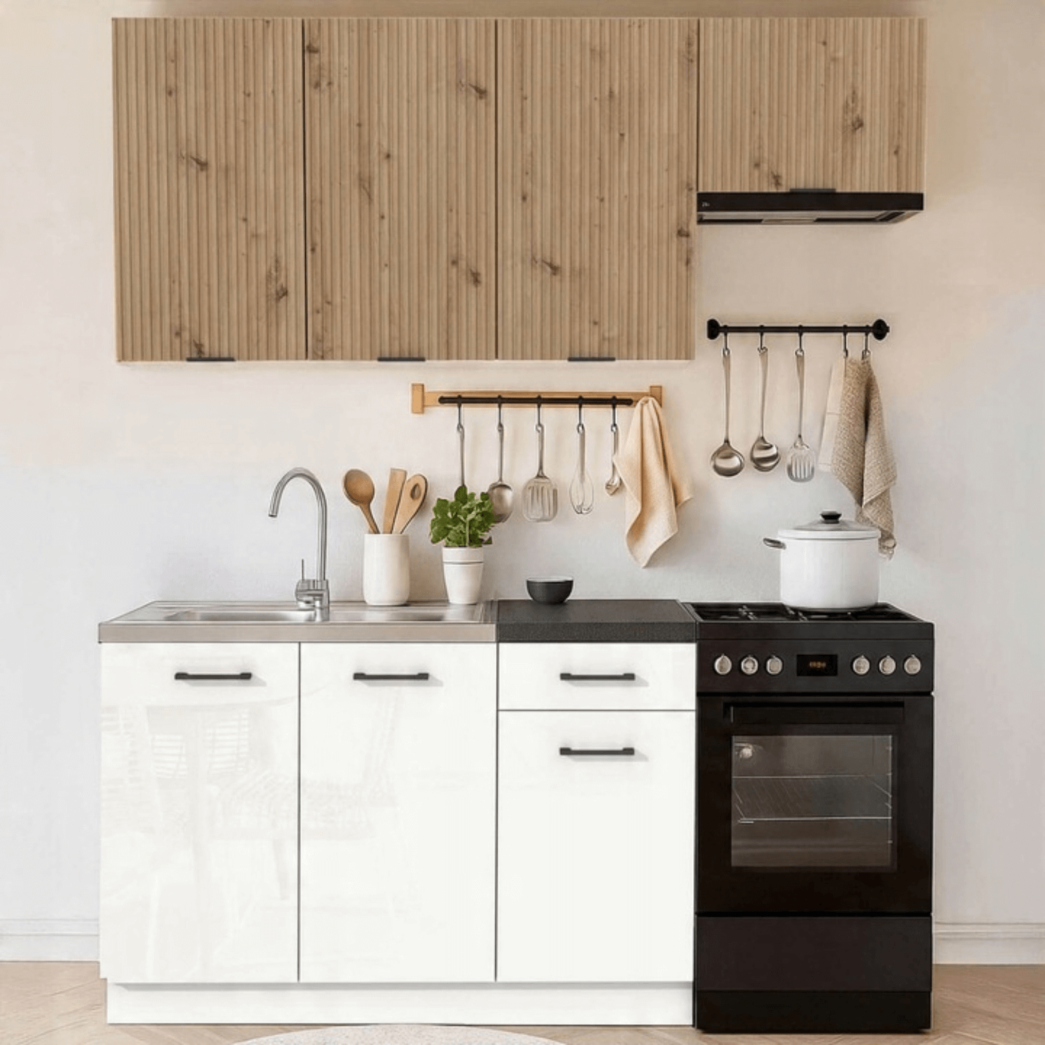 Zestaw Mebli Kuchennych MODERN 170 cm Dąb Artisan/Biały Połysk Ryflowany Nowoczesny