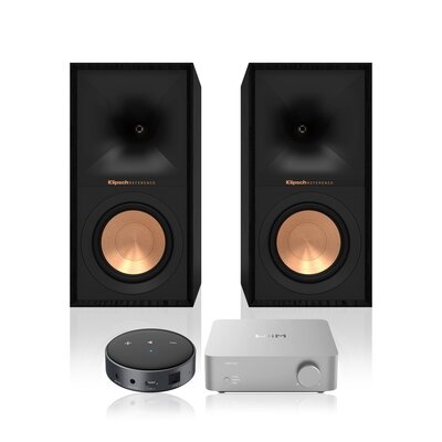 WIIM Wzmacniacz Vibelink Amp Srebrny + Odtwarzacz sieciowy ARYLIC Mini Czarny + Podstawkowe kolumny głośnikowe KLIPSCH R-50M Czarne (2 szt.), Obudowa MDF, Typ Bass Reflex, Membrana TCP w kolorze miedzi