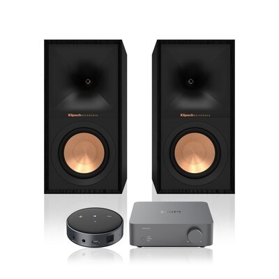 WIIM Wzmacniacz Vibelink Amp Ciemnoszary + Odtwarzacz sieciowy ARYLIC Mini Czarny + Podstawkowe kolumny głośnikowe KLIPSCH R-50M Czarne (2 szt.), Obudowa MDF, Typ Bass Reflex, Membrana TCP w kolorze miedzi