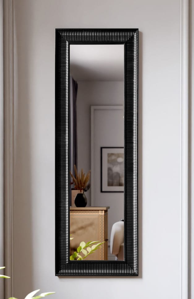 Lustro ścienne 150x50 cm z czarną drewnianą ramą – duże prostokątne lustro do zawieszenia pionowo lub poziomo – dekoracja do salonu sypialni przedp..