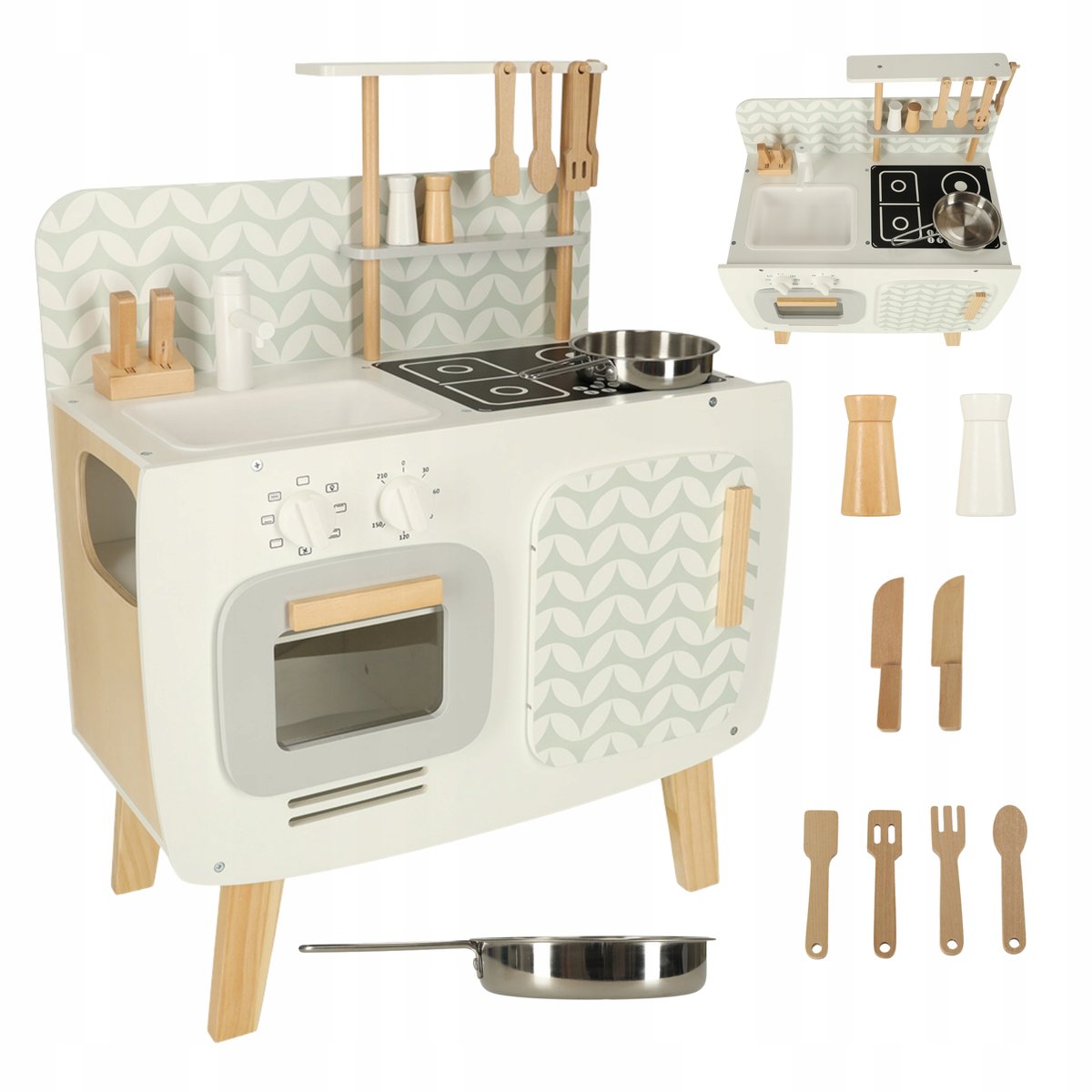 KUCHNIA DREWNIANA DLA DZIECI RETRO KUCHENKA Z AKCESORIAMI ZLEW KRAN BEŻOWA