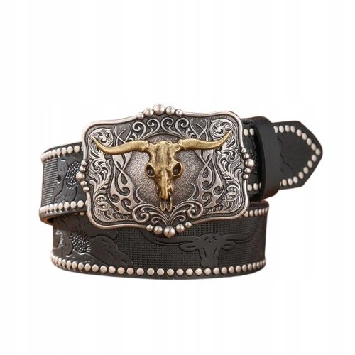Pas Pasek Kowbojski Czarny Texas Czaszka Byka Dżety Nity Vintage 120 Cm