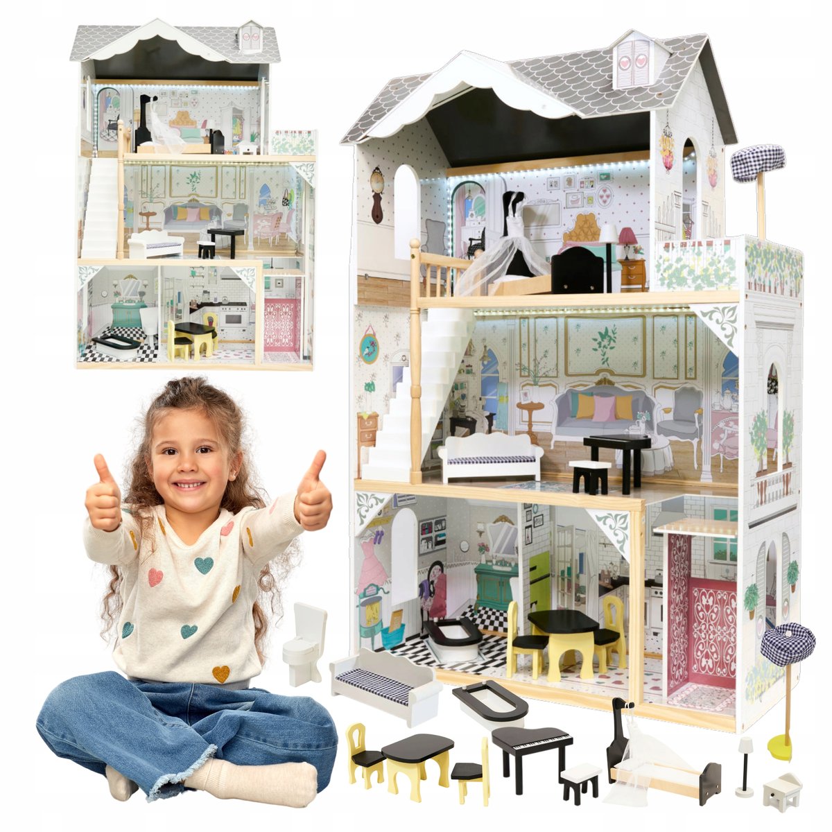 Domek dla lalek drewniany MDF mebelki 122cm XXL LED