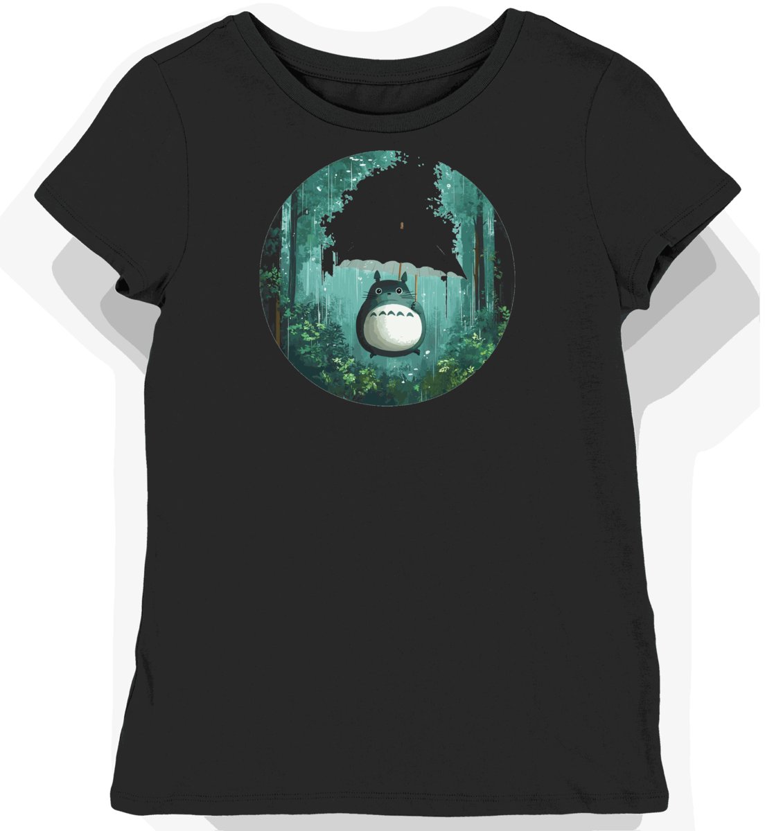 Koszulka damska czarna z grafiką Totoro i liściem XL