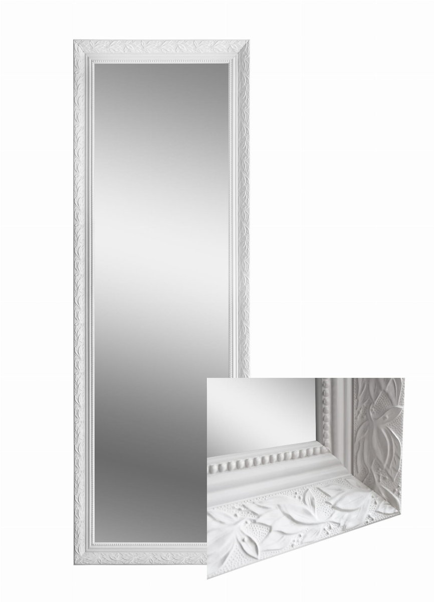 Lustro ścienne 150x50 cm z drewnianą ramą białe z ornamentem duże prostokątne lustro do zawieszenia pionowo lub poziomo do salonu sypialni przedpok..