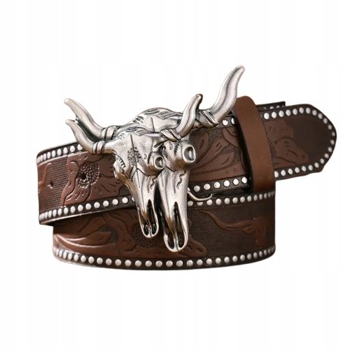 Pas Pasek Kowbojski Brązowy Texas Czaszka Byka Dżety Nity Retro Nity 120Cm