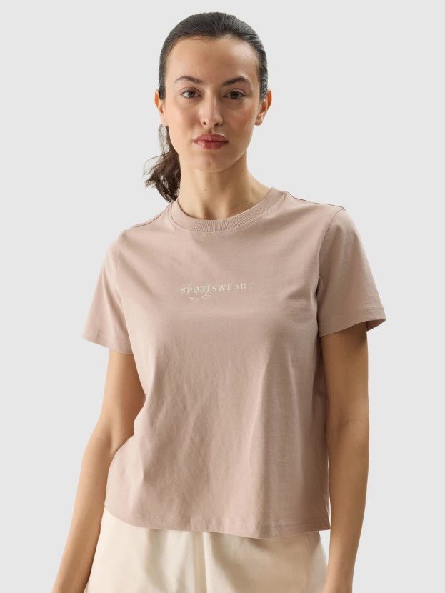 T-shirt regular z nadrukiem damski 4F 4FWSS24TTSHF1354-83 Brązowy