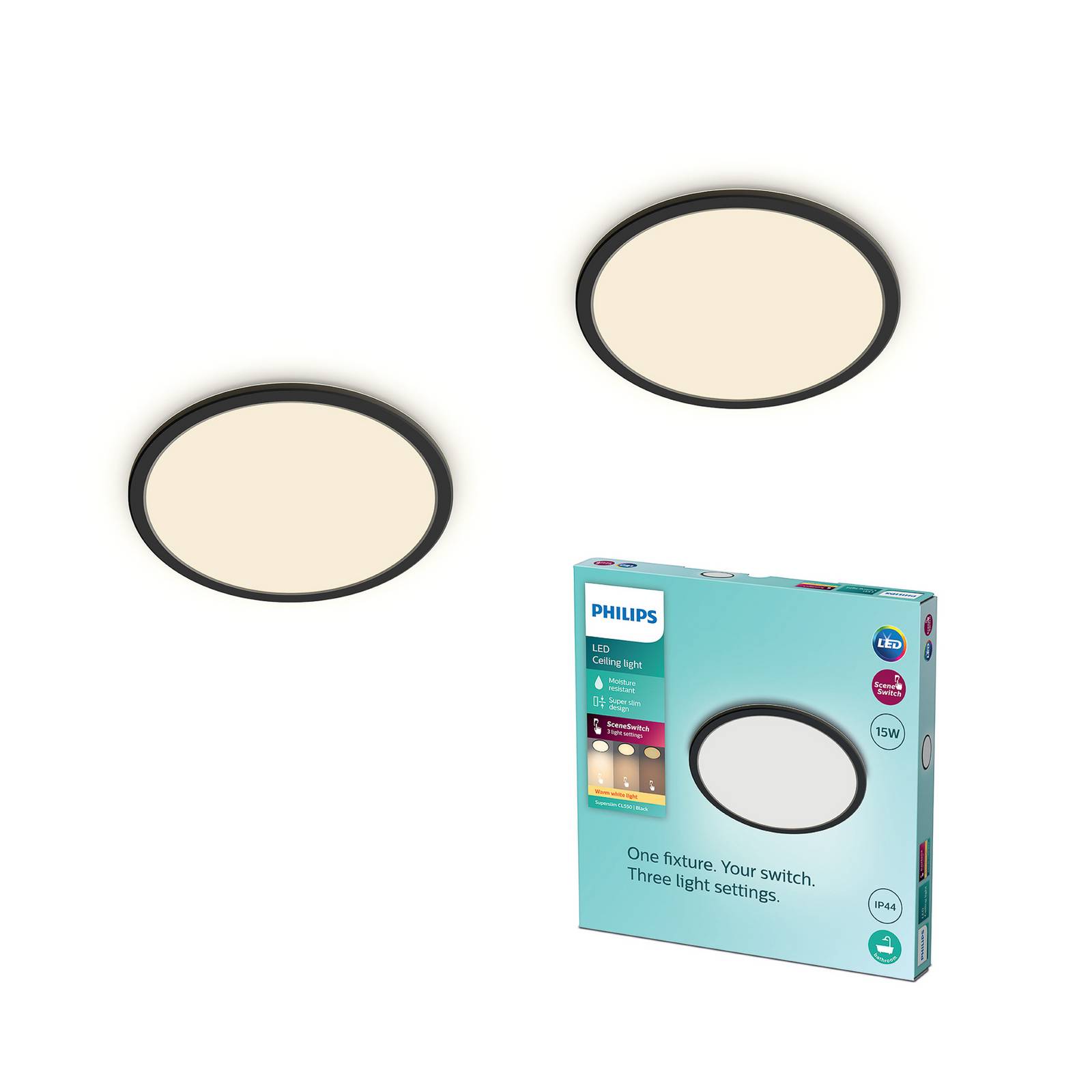 Philips Lampa sufitowa LED SuperSlim, możliwość ściemniania, czarny, biuro, tworzywo sztuczne, nowoczesny