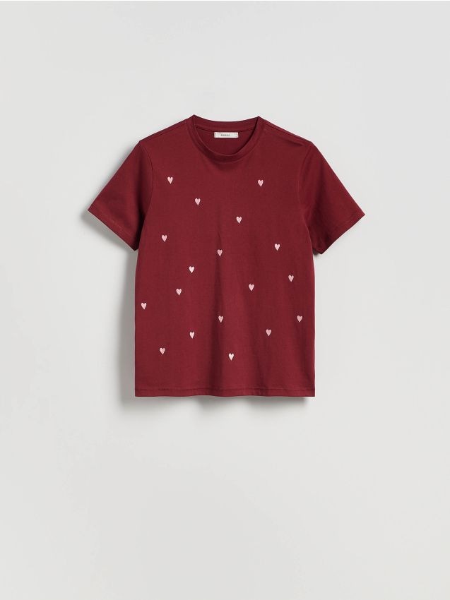 Reserved - T-shirt regular z drobnym haftem - bordowy