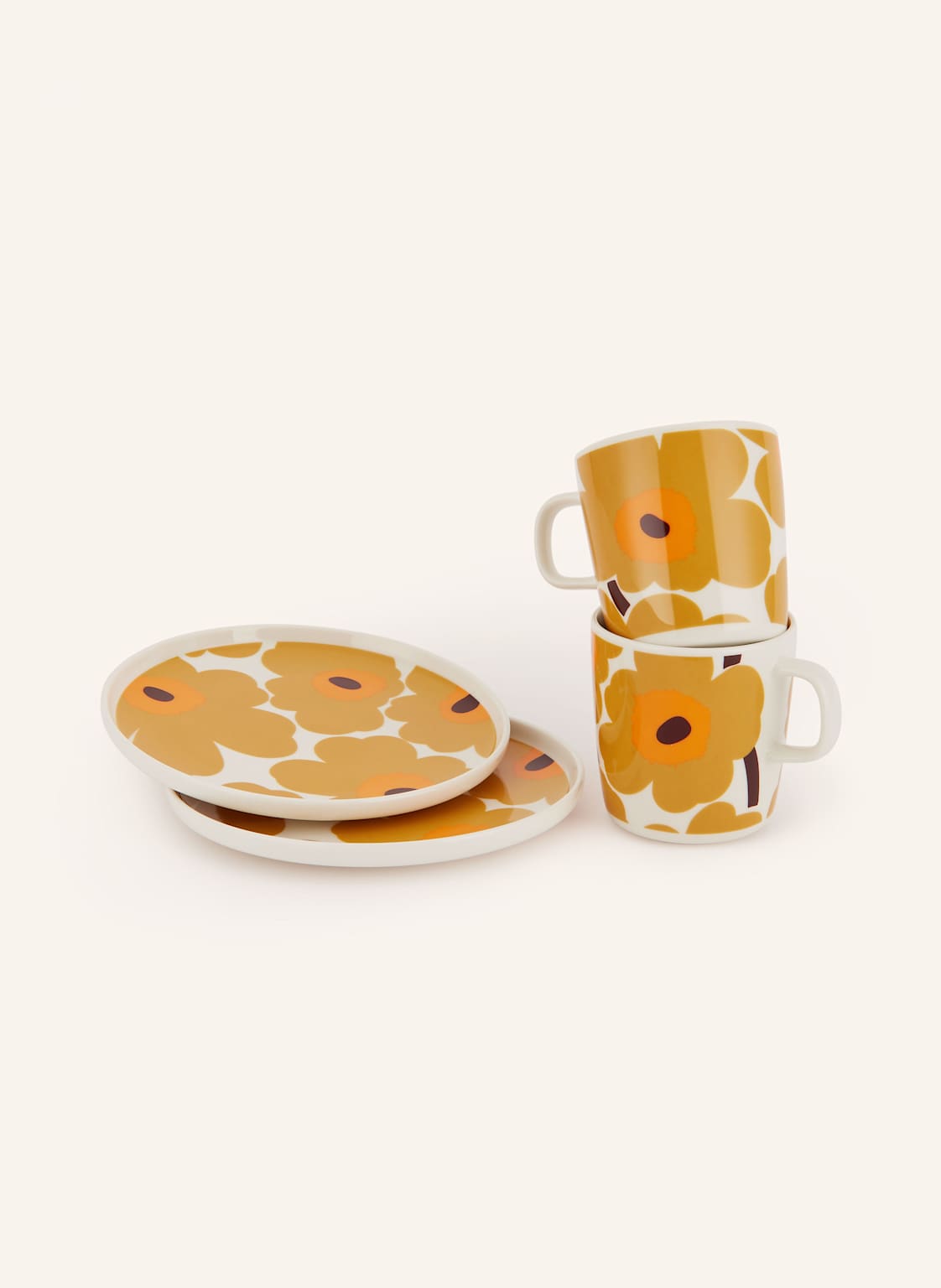 Marimekko 4-Cz. Zestaw Oiva/ Unikko: Kubki Z Uchem I Talerze Deserowe orange