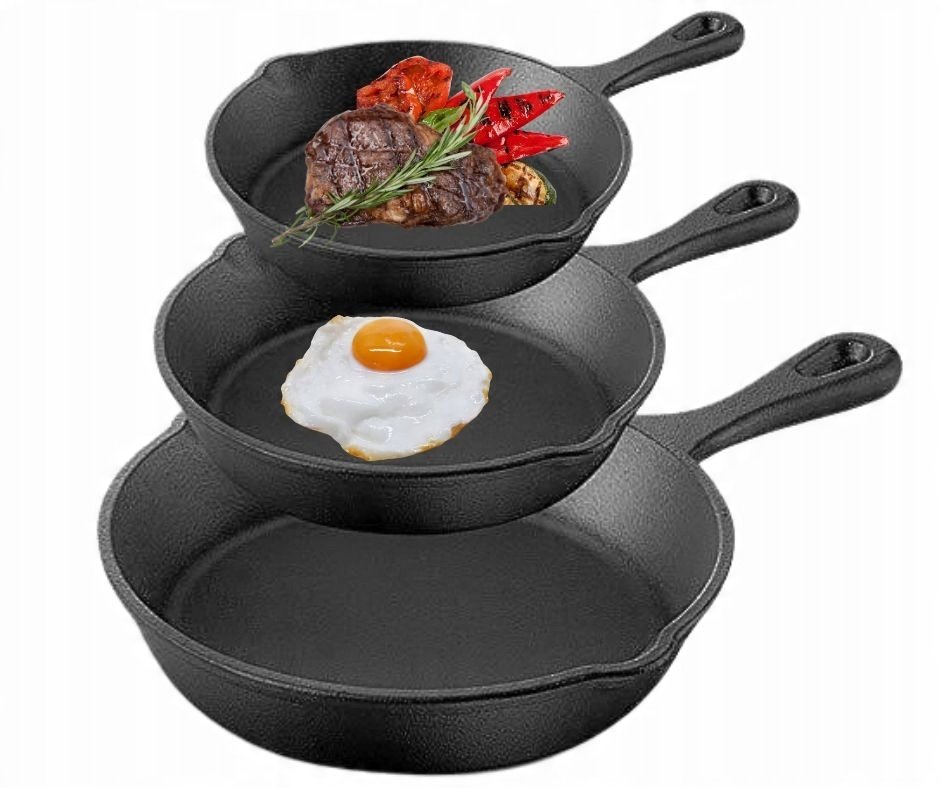 Patelnia Żeliwna Głęboka Zestaw X3 Na Indukcję Gaz Ognisko Grill Komplet
