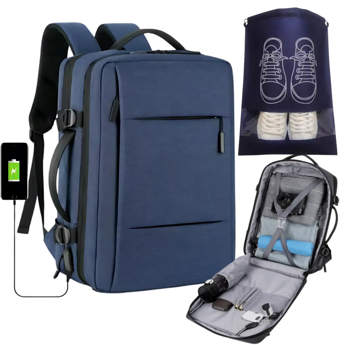 PLECAK DO SAMOLOTU TURYSTYCZNY GRANATOWY Z TORBĄ NA BUTY [PLECAK103]