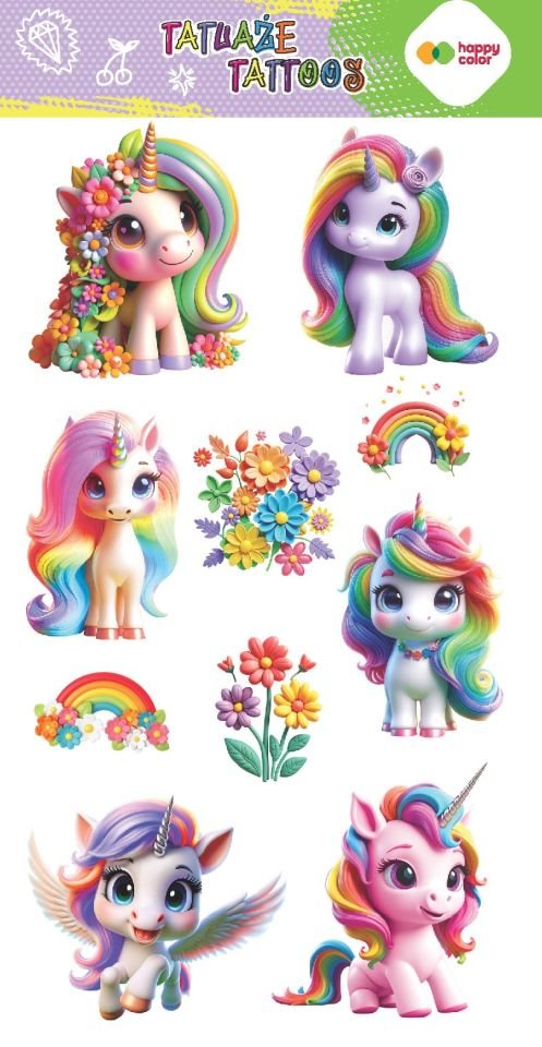 Tatuaże zmywalne Flower Unicorn Jednorożce 10x20 cm Happy Color