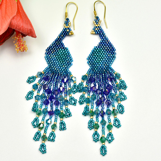 Pawie niebieskie, kolczyki z frędzlami, beading