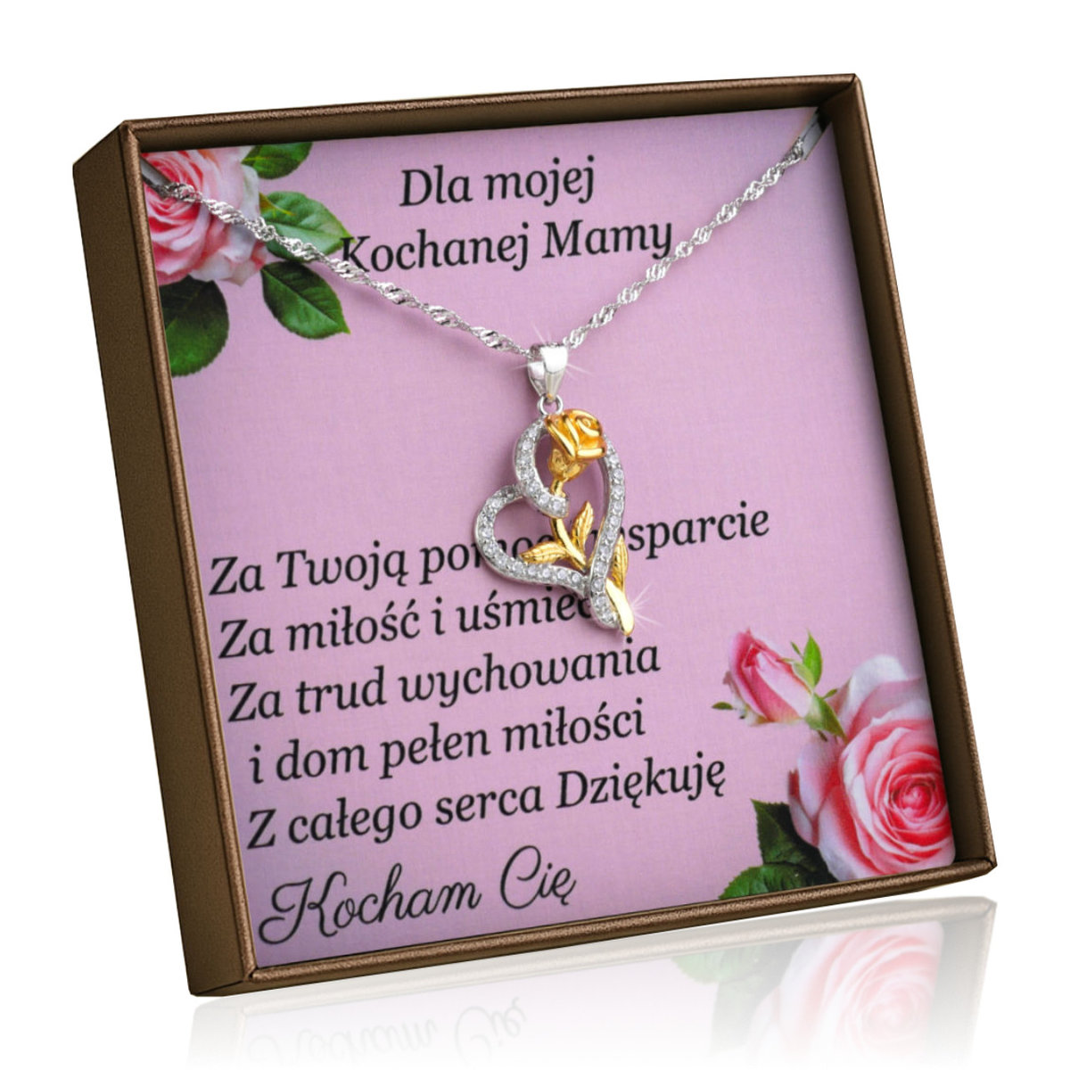 Naszyjnik serce z różą dla Mamy – srebro rodowane i pozłacane