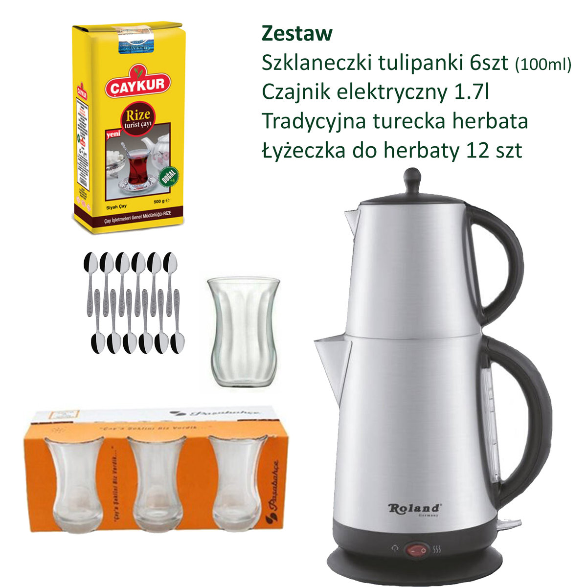 Zestaw do Tureckiej Herbaty: Czajnik Elektryczny, Herbata, Szklanki i Łyżeczki