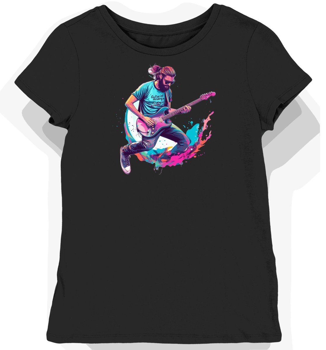 Koszulka damska czarna z nadrukiem gitarzysty dla fanów muzyki XS