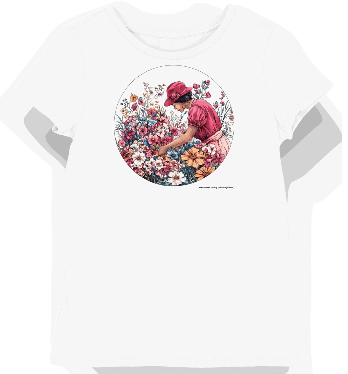 Koszulka damska biała z nadrukiem ogrodnika przy kwiatach L