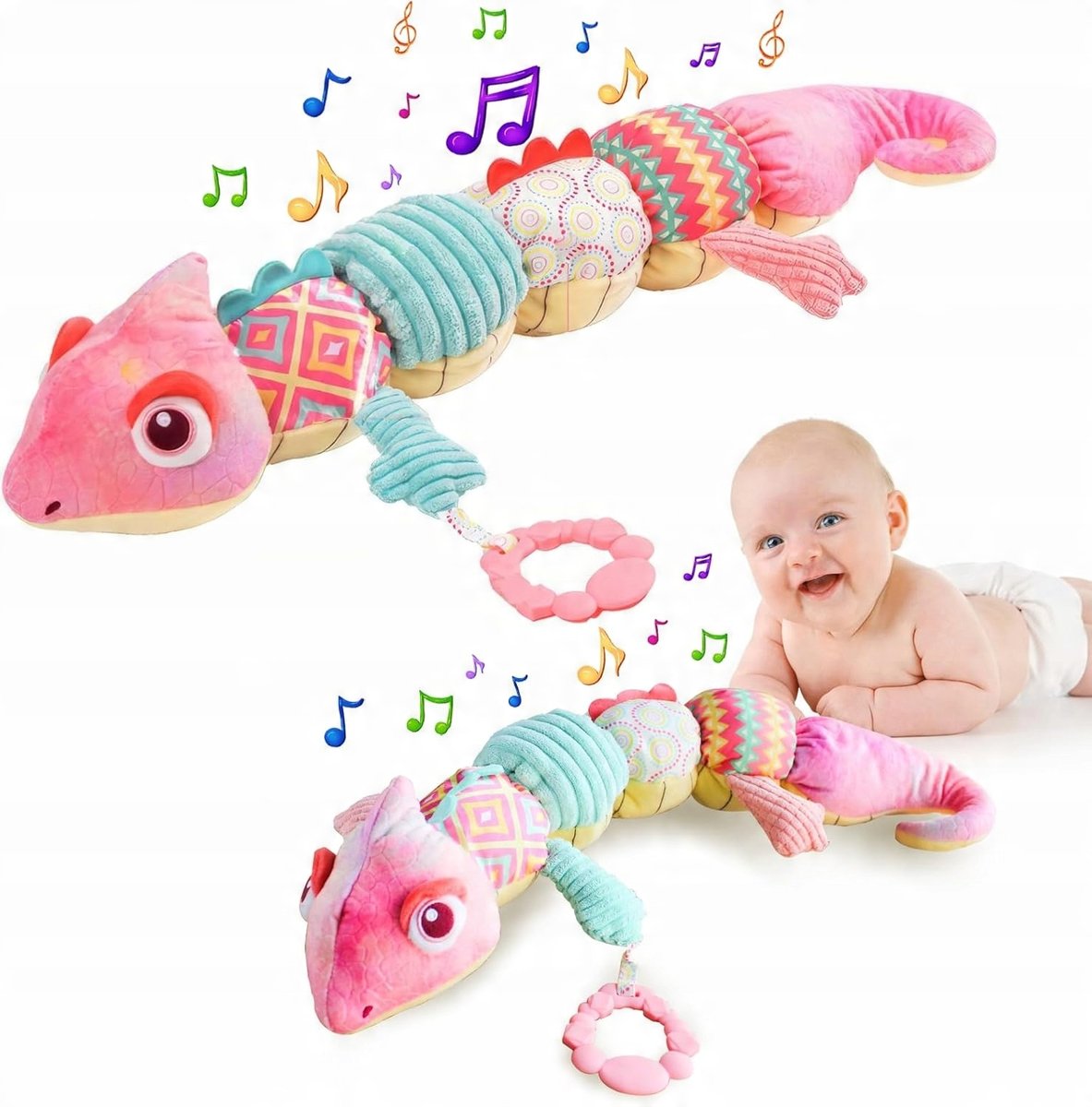 ZABAWKA SENSORYCZNA DLA NIEMOWLĄT MUZYCZNA PLUSZOWA ANTYSTRESOWA KAMELEON