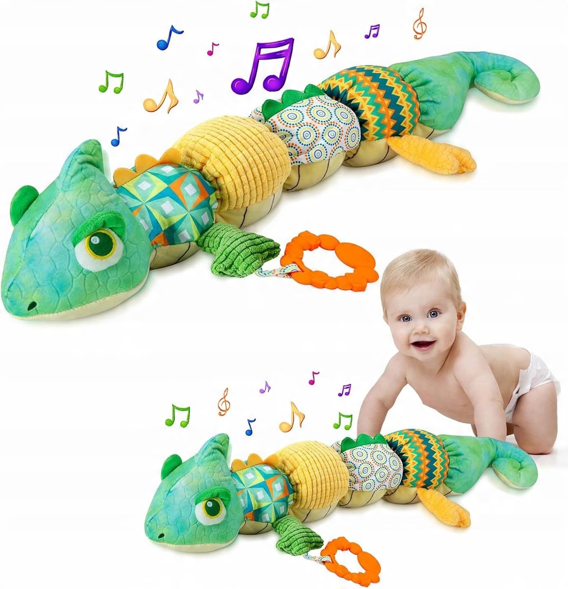 ZABAWKA SENSORYCZNA DLA NIEMOWLĄT MUZYCZNA PLUSZOWA ANTYSTRESOWA KAMELEON