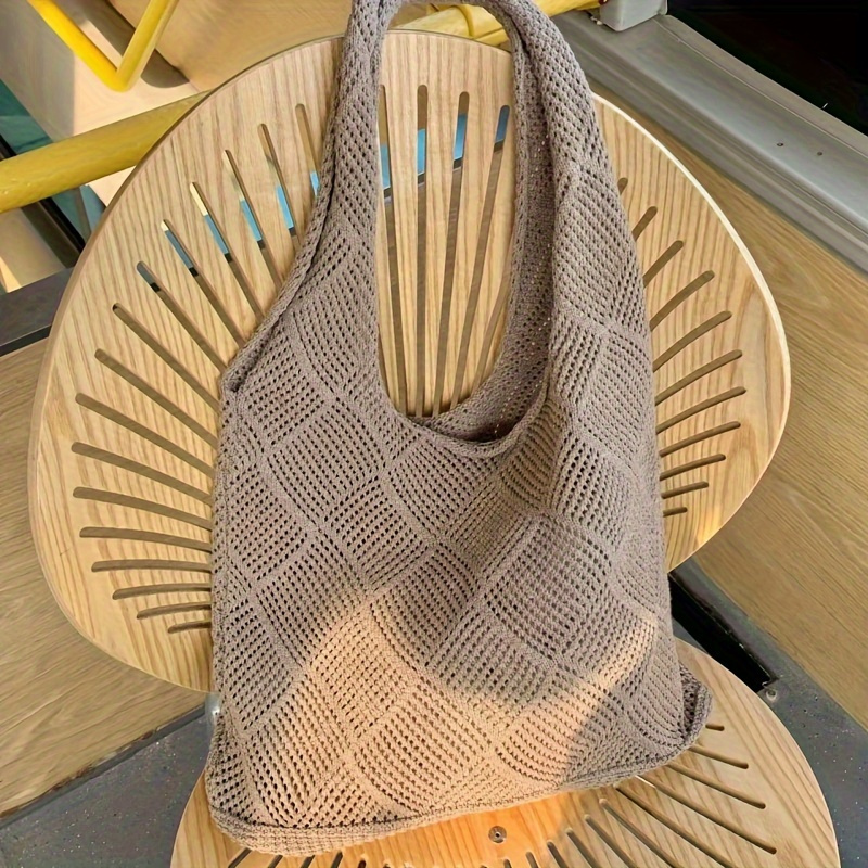 TEMU Torba z wycięciami, vintage jednokolorowa torba na ramię, boho stylizowana dzianina, idealna do podróży i plażowania przez cały rok