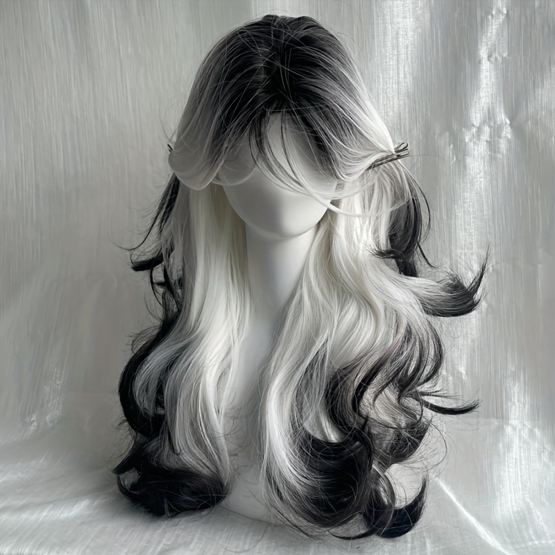 TEMU 26-calowy długi czarno-biały syntetyczny wąs z kręconymi falami - miękka, wygodna siatka różowa, idealna na co dzień, na imprezy i na święta,