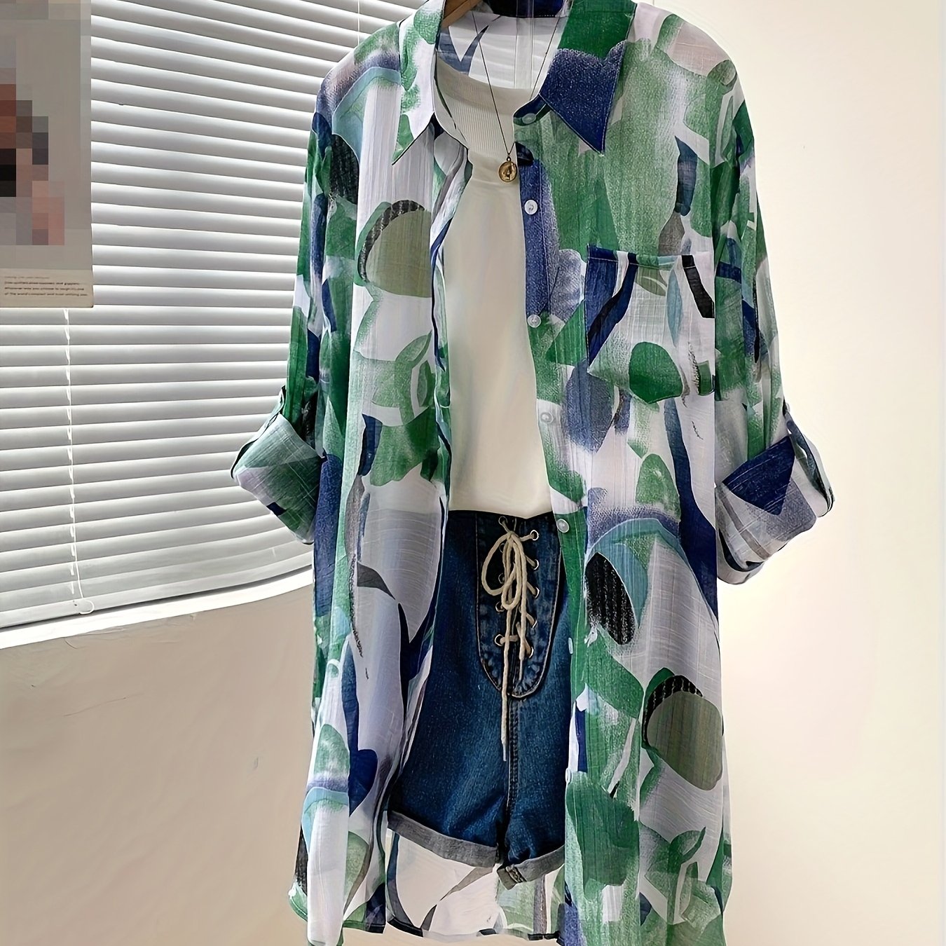 TEMU Kobieca Lekka Bluzka z Długim Rękawem w Geometryczny Wzór - Luźna Koszula-Kardigan, Elegancka i Przewiewna na Każdą Porę Roku do Noszenia na