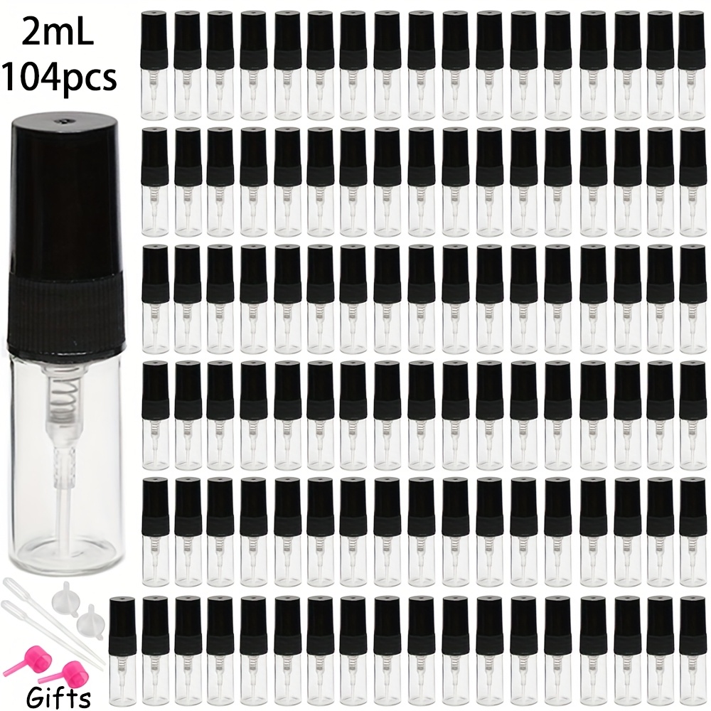 TEMU Zestaw hurtowy 104 sztuk wysokiej jakości przezroczystych butelek do perfum w rozmiarach 2ml, 3ml i 5ml z czarnymi atomizerami. Ultra-drobny